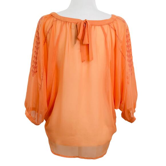 LC LAUREN CONRAD Orange Chiffon Embroidered Lightweight Sheer Top Blouse S - Picture 2 of 12